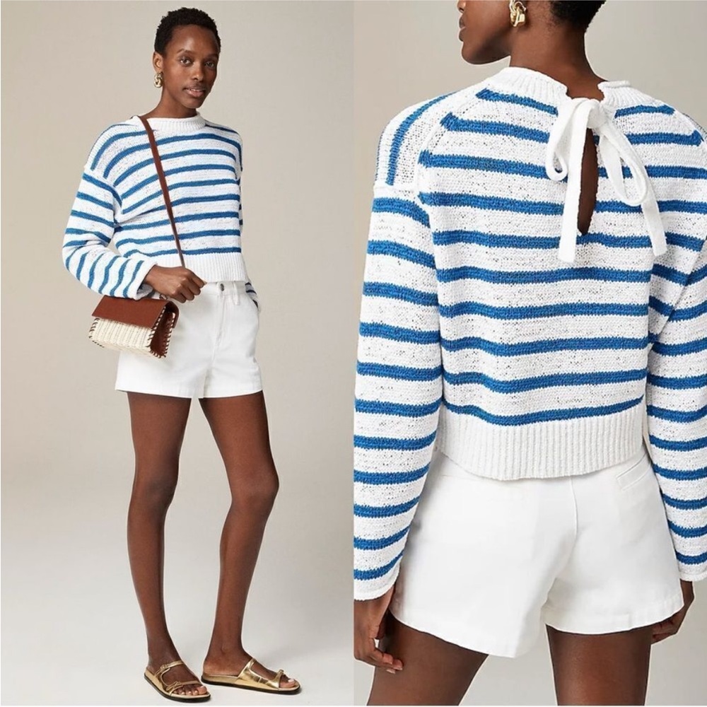 J. Crew White and Blue Striped rollneck Tie-Back Knit Sweater